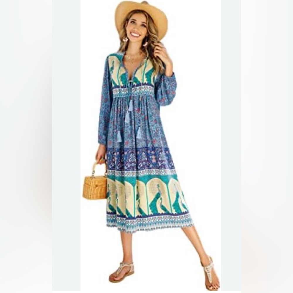 Chic Bohemian Blue and Green Long Sleeve Dress